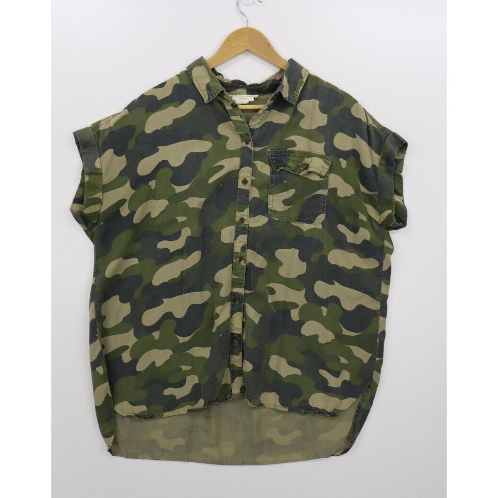 C & C California L Green Camo Shirt Hi Lo Tunic Top Blouse Oversized Relaxed Fit